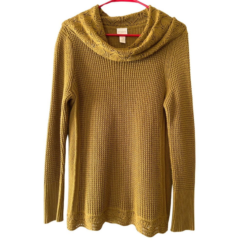 Chico’s Mustard Brown Textured Cowl-Neck Pullover Sweater